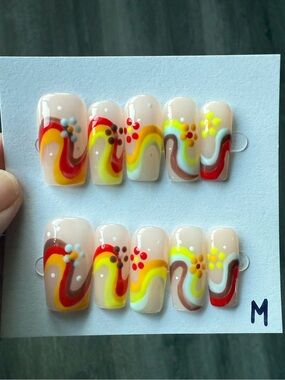 Hand-Painted Retro Swirl Press-On Nails in Red, Yellow, Brown